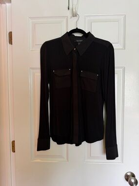 WHBM Black Button-Front Long Sleeve Blouse S